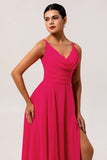 Blush Pink A Line Long Chiffon Wedding Guest Dress with Slit