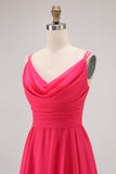 Hot Pink A Line Chiffon Long Wedding Guest Dress with Slit