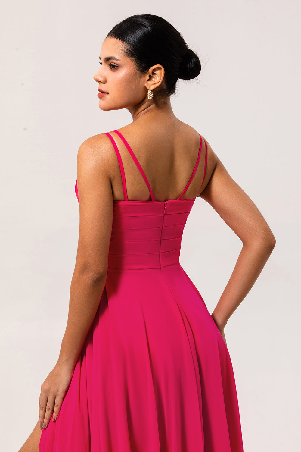 Zapakasa Women Hot Pink Chiffon Long Wedding Guest Dress with Slit Cowl Neck A Line Bridesmaid Dress Zapakasa Women Hot Pink Chiffon Long Wedding Guest Dress with Slit Cowl Neck A Line Bridesmaid Dress