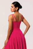 Blush Pink A Line Long Chiffon Wedding Guest Dress with Slit