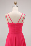 Hot Pink A Line Chiffon Long Wedding Guest Dress with Slit