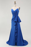 Royal Blue Sweetheart Mermaid Satin Ruched Long Wedding Guest Dress