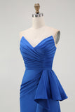 Royal Blue Sweetheart Mermaid Satin Ruched Long Wedding Guest Dress