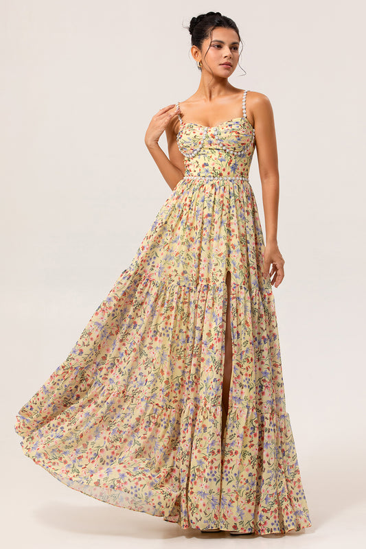 Yellow Floral Spaghetti Straps Chiffon Long Bridesmaid Dress with Slit