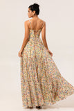 Yellow Floral Spaghetti Straps Chiffon Long Bridesmaid Dress with Slit