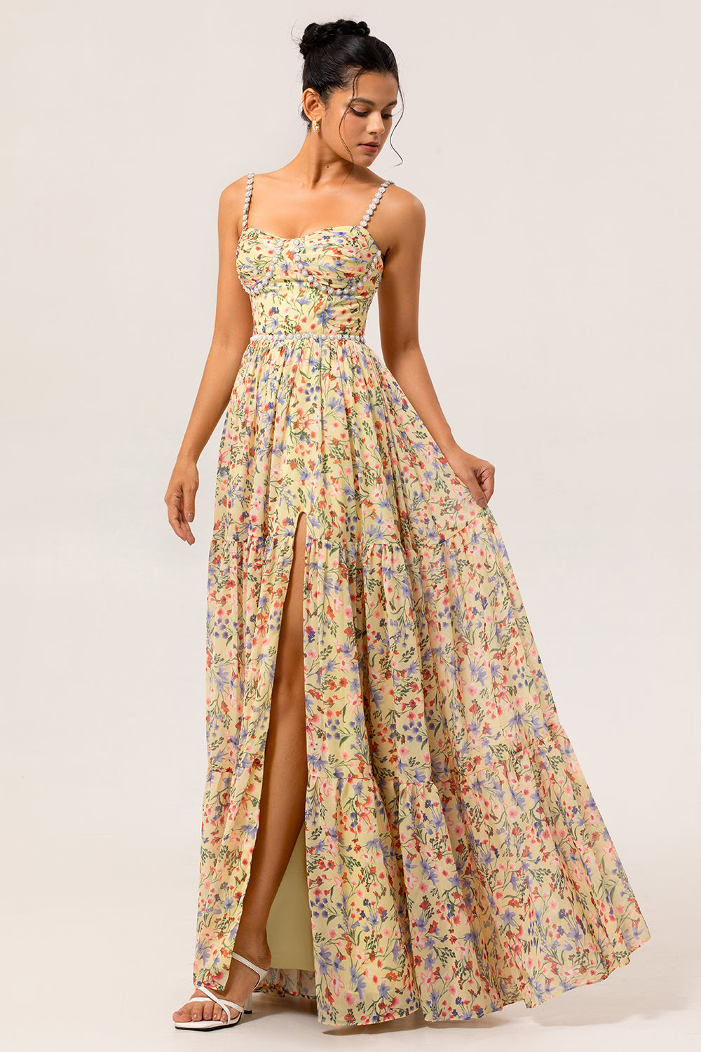Yellow Floral Spaghetti Straps Chiffon Long Bridesmaid Dress with Slit