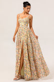 Yellow Floral Spaghetti Straps Chiffon Long Bridesmaid Dress with Slit