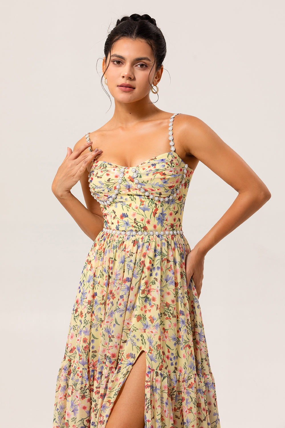 Yellow Floral Spaghetti Straps Chiffon Long Bridesmaid Dress with Slit