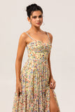 Yellow Floral Spaghetti Straps Chiffon Long Bridesmaid Dress with Slit