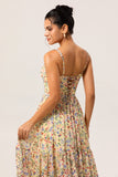Yellow Floral Spaghetti Straps Chiffon Long Bridesmaid Dress with Slit