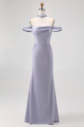 Dusty Blue Off the Shoulder Long Satin Bridesmaid Dress