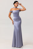 Dusty Blue Off the Shoulder Long Satin Bridesmaid Dress