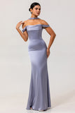 Dusty Blue Satin Off the Shoulder Long Bridesmaid Dress
