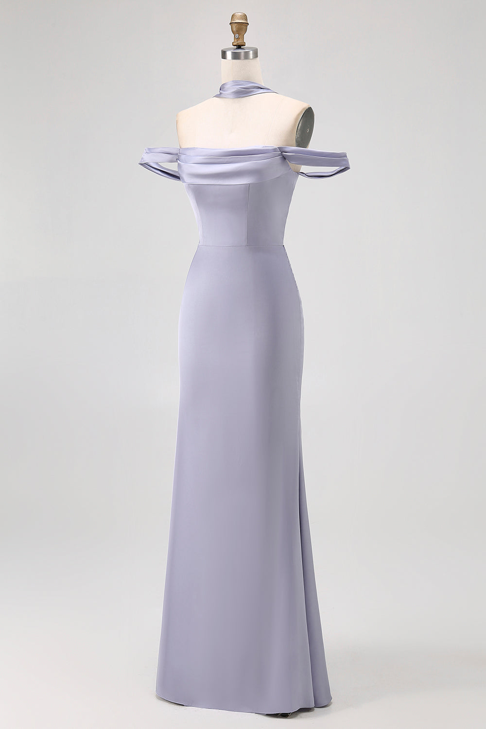 Dusty Blue Off the Shoulder Long Satin Bridesmaid Dress