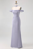 Dusty Blue Off the Shoulder Long Satin Bridesmaid Dress
