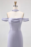 Dusty Blue Off the Shoulder Long Satin Bridesmaid Dress