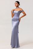 Dusty Blue Satin Off the Shoulder Long Bridesmaid Dress