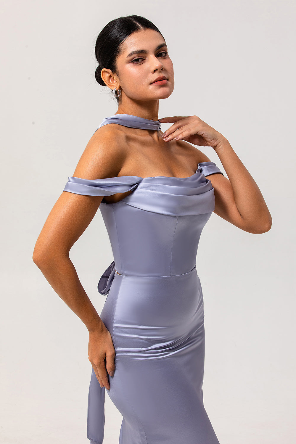 Dusty Blue Satin Off the Shoulder Long Bridesmaid Dress