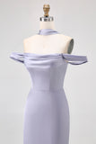 Dusty Blue Off the Shoulder Long Satin Bridesmaid Dress