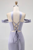 Dusty Blue Off the Shoulder Long Satin Bridesmaid Dress