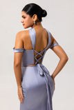 Dusty Blue Satin Off the Shoulder Long Bridesmaid Dress