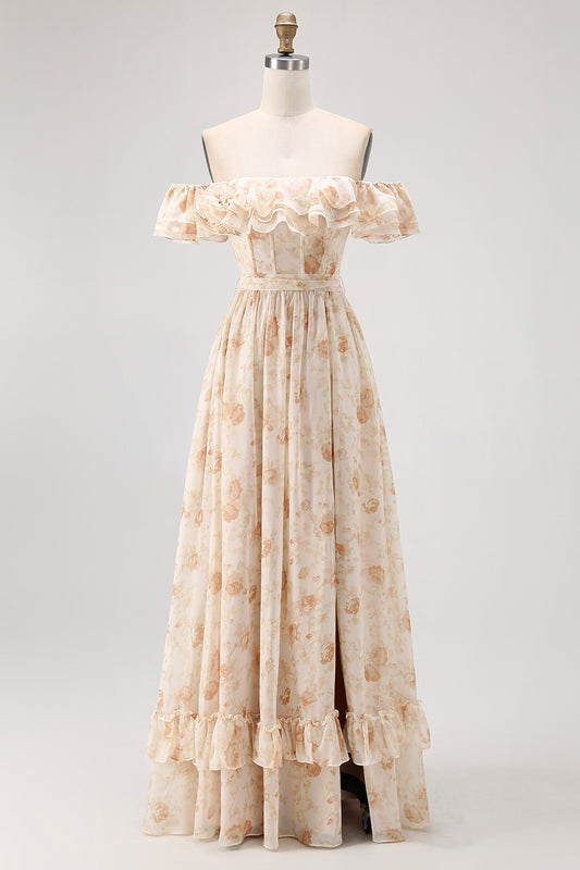 Champagne Floral Off the Shoulder Chiffon A-Line Corset Long Wedding Guest Dress with Ruffles