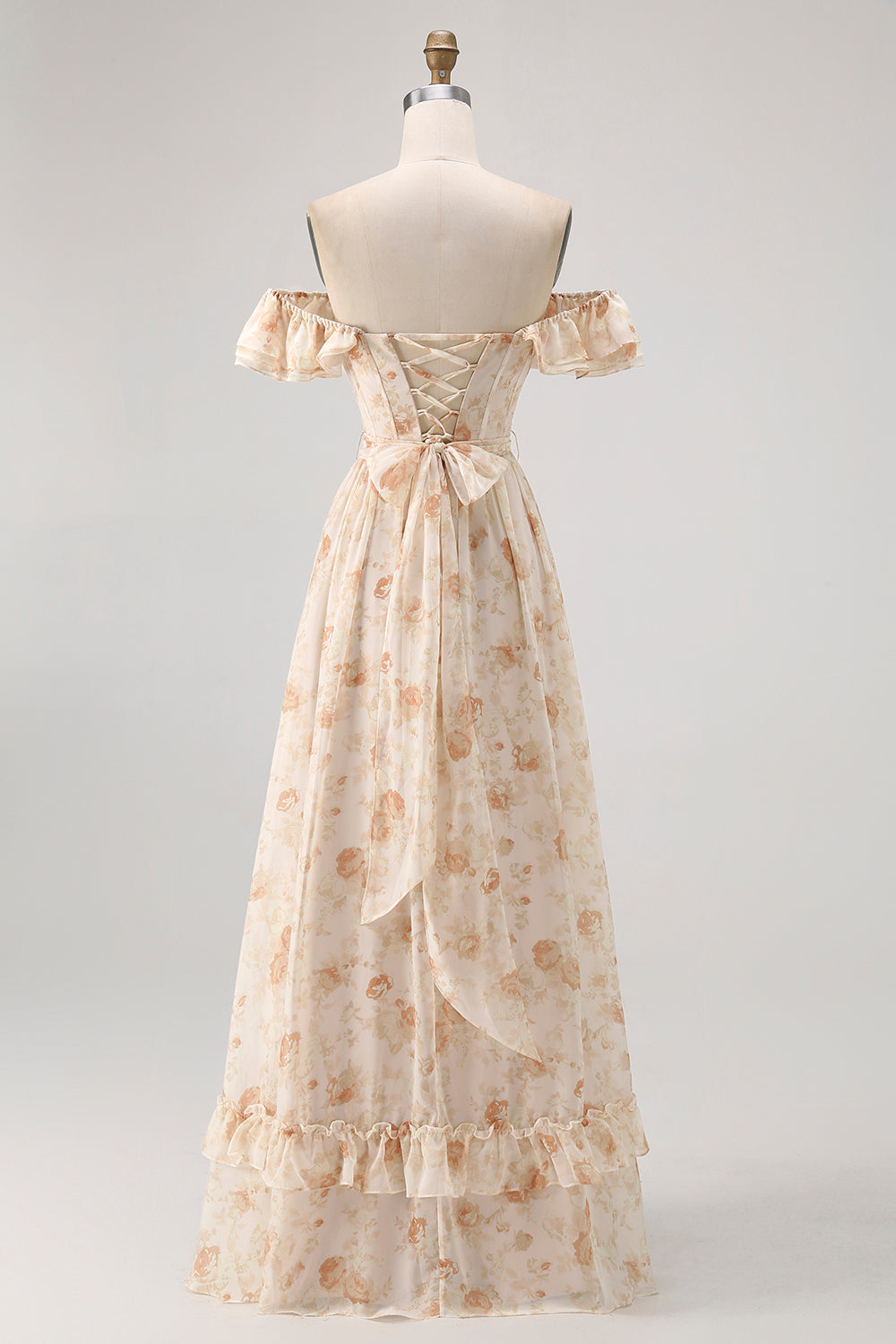 Champagne Floral Off the Shoulder Chiffon A-Line Corset Long Wedding Guest Dress with Ruffles