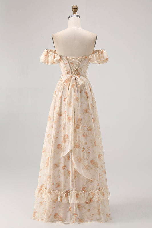 Champagne Floral Off the Shoulder Chiffon A-Line Corset Long Wedding Guest Dress with Ruffles