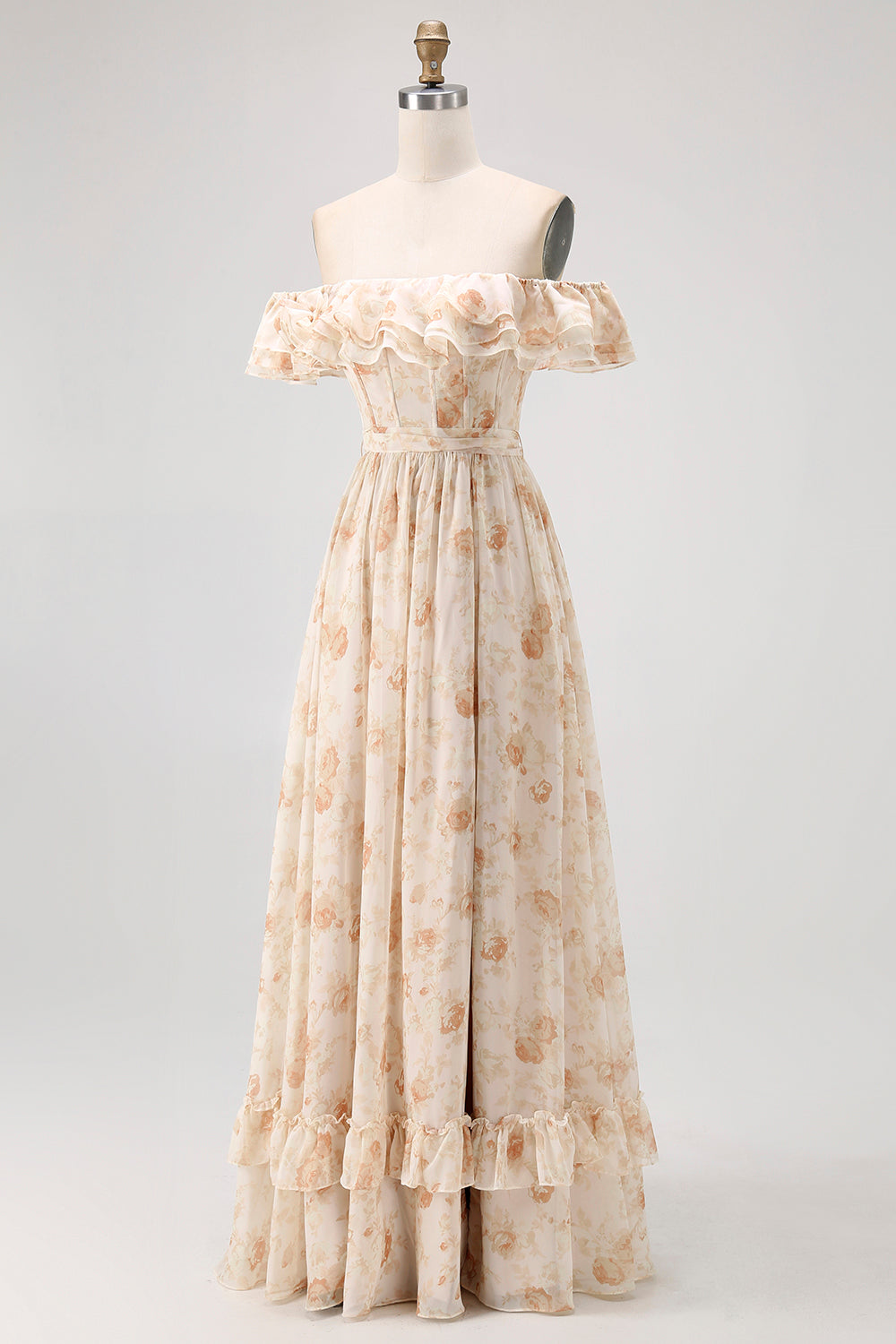 Champagne Floral Off the Shoulder Chiffon A-Line Corset Long Wedding Guest Dress with Ruffles