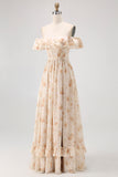 Champagne Floral Off the Shoulder Chiffon A-Line Corset Long Wedding Guest Dress with Ruffles