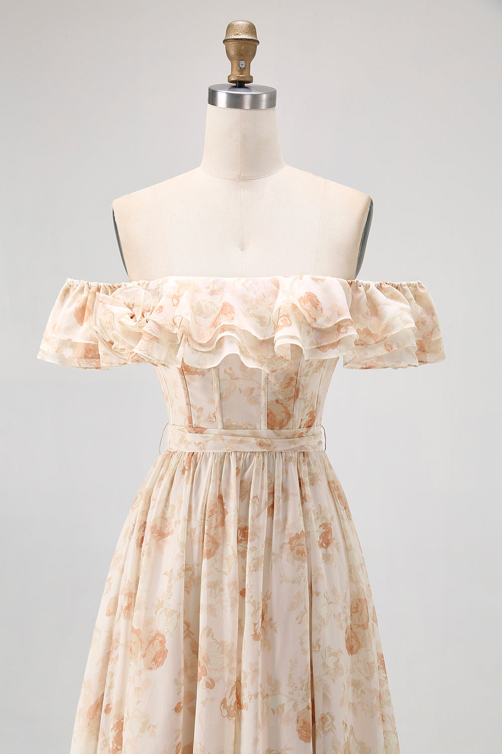 Champagne Floral Off the Shoulder Chiffon A-Line Corset Long Wedding Guest Dress with Ruffles