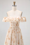 Champagne Floral Off the Shoulder Chiffon A-Line Corset Long Wedding Guest Dress with Ruffles
