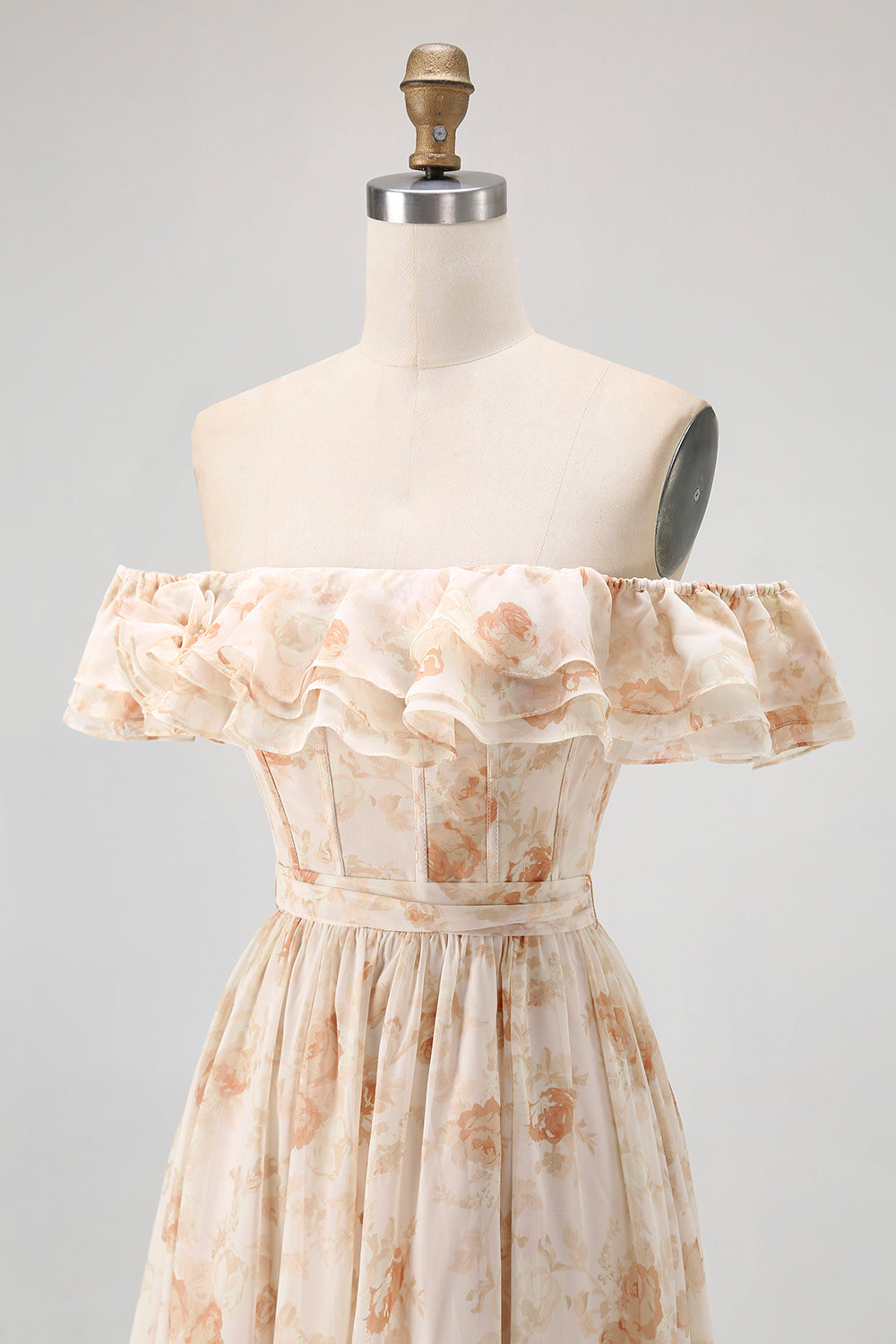 Champagne Floral Off the Shoulder Chiffon A-Line Corset Long Wedding Guest Dress with Ruffles