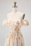 Champagne Floral Off the Shoulder Chiffon A-Line Corset Long Wedding Guest Dress with Ruffles
