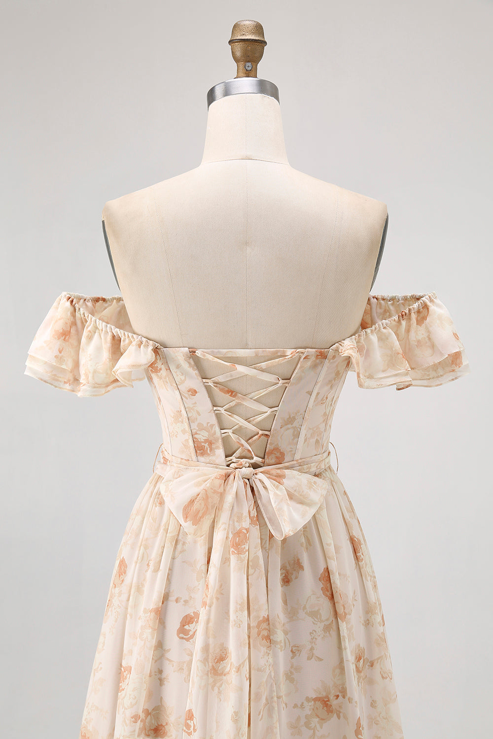 Champagne Floral Off the Shoulder Chiffon A-Line Corset Long Wedding Guest Dress with Ruffles