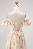 Champagne Floral Off the Shoulder Chiffon A-Line Corset Long Wedding Guest Dress with Ruffles