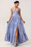 Sparkly Blue Jacquard Floral Long Bridesmaid Dress with Slit