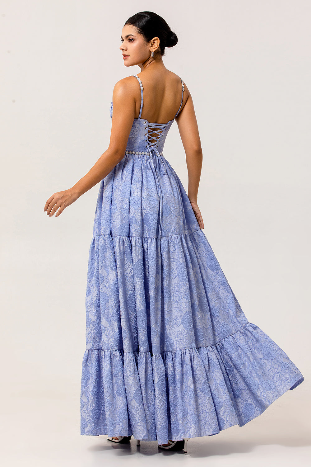 Sparkly Blue Jacquard Floral Long Bridesmaid Dress with Slit