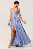 Sparkly Blue Floral Jacquard Long Bridesmaid Dress with Slit