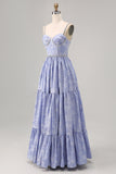Sparkly Blue Jacquard Floral Long Bridesmaid Dress with Slit