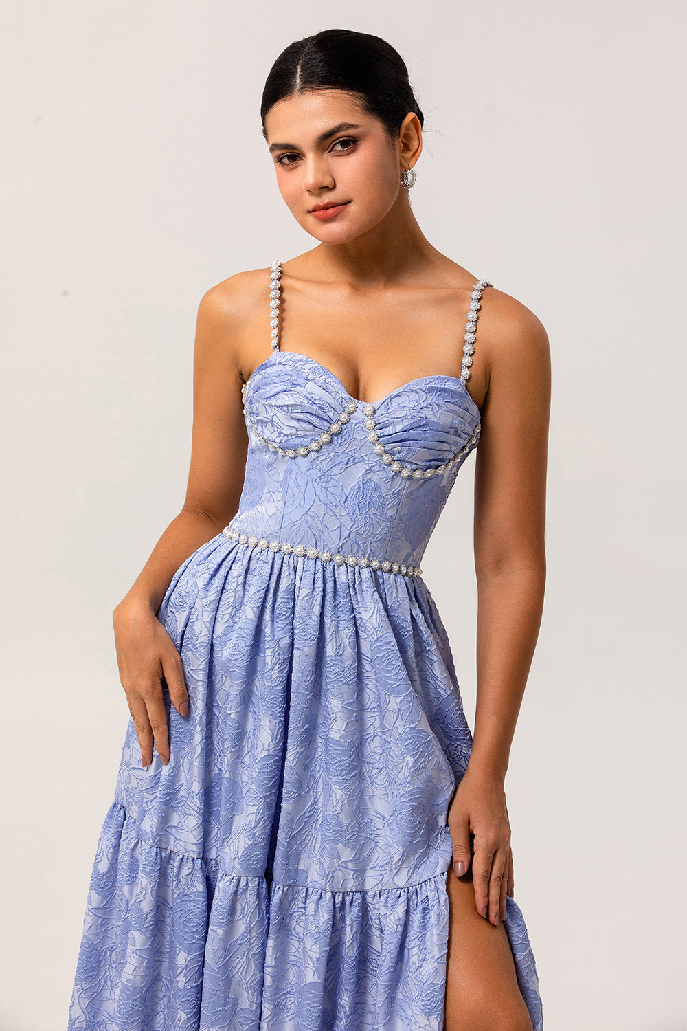 Sparkly Blue Floral Jacquard Long Bridesmaid Dress with Slit