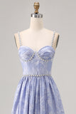Sparkly Blue Jacquard Floral Long Bridesmaid Dress with Slit