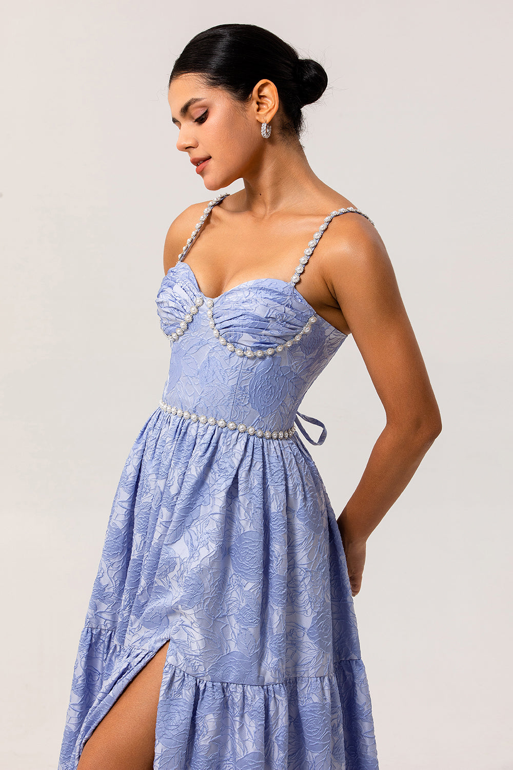 Sparkly Blue Floral Jacquard Long Bridesmaid Dress with Slit