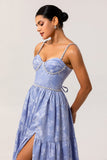Sparkly Blue Floral Jacquard Long Bridesmaid Dress with Slit