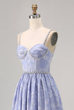 Sparkly Blue Jacquard Floral Long Bridesmaid Dress with Slit
