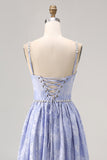 Sparkly Blue Jacquard Floral Long Bridesmaid Dress with Slit