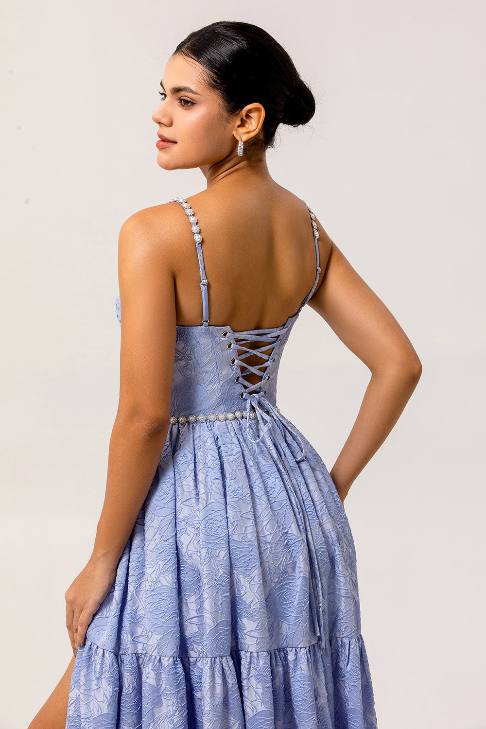 Sparkly Blue Floral Jacquard Long Bridesmaid Dress with Slit