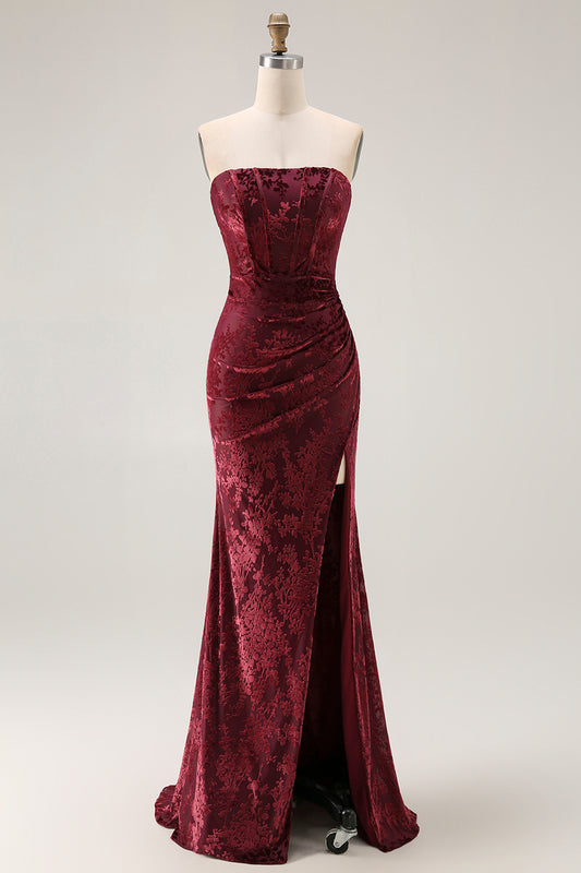 Burgundy Floral Velvet Corset Mermaid Long Wedding Guest Dress with Slit