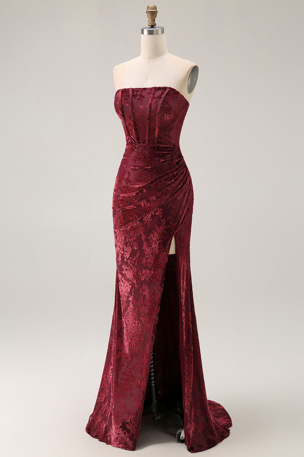 Zapakasa Women Burgundy Corset Floral Long Wedding Guest Dress with Slit Mermaid Strapless Velvet Bridesmaid Dress Zapakasa Women Burgundy Corset Floral Long Wedding Guest Dress with Slit Mermaid Strapless Velvet Bridesmaid Dress