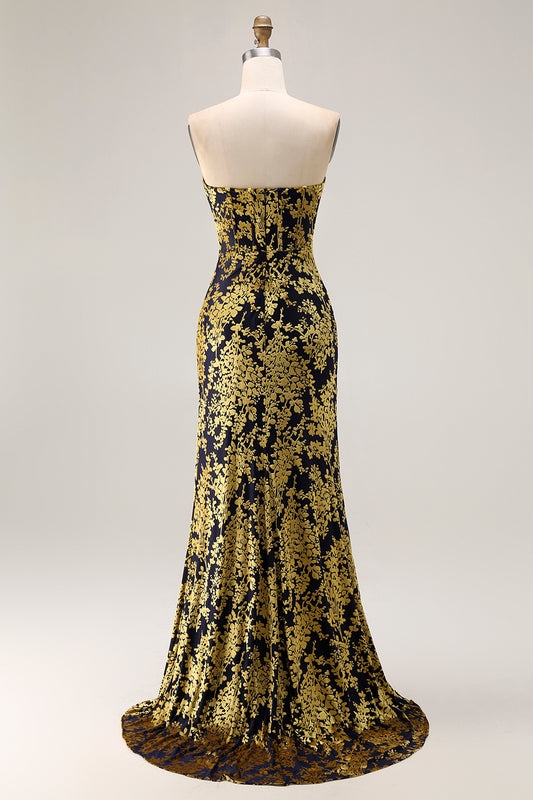 Golden Purple Corset Velvet Strapless Long Wedding Guest Dress with Slit